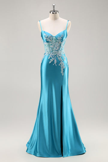 Mermaid Satin Corset Blue Prom Dress with Beadings